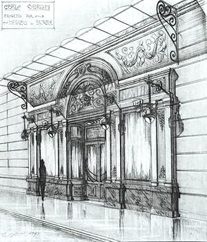 Bild des Verkufers fr Original drawing in black chalk on paper, design for an elegant shop front: Progetto per negozio di seterie. zum Verkauf von Antiquariat Thomas Rezek