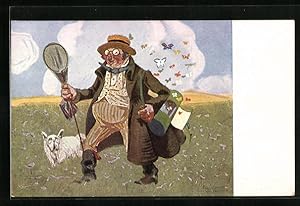 Bild des Verkufers fr Knstler-Ansichtskarte G. Hirth`s Verlag, Serie: XXVIII, 1., Schmetterlingssammler mit Kescher und Hund zum Verkauf von Bartko-Reher