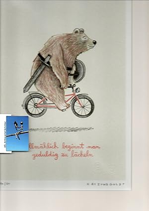 Originalgraphik (Risographie). Motiv: Braunbär auf dem Fahrrad. Nummeriert und signiert.