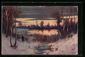 Künstler-Ansichtskarte Imita / A.S.-M. Leipzig Nr. 538: Winterlicher Sonnenuntergang am Teich