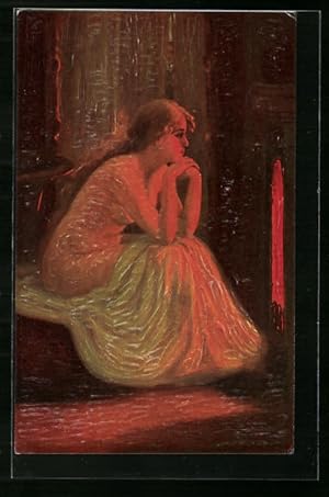 Künstler-Ansichtskarte Imita / A.S.-M. Leipzig Nr. 584: Junge Frau vor einem Kamin