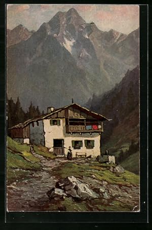 Künstler-Ansichtskarte Winand Elsmann-Verlag: Berghof vor Alpenkulisse