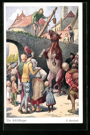 Bild des Verkufers fr Knstler-Ansichtskarte Oskar Herrfurth: Die Schildbrger legen einer Kuh ein Seil um den Hals, Mrchen zum Verkauf von Bartko-Reher
