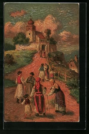 Künstler-Ansichtskarte Imita / A.S.-M. Leipzig Nr. 487: Bauern auf dem Weg zu einer ungarischen K...