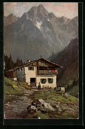 Künstler-Ansichtskarte Winand Elsmann-Verlag: Berghof vor Alpengipfeln