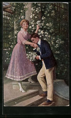Künstler-Ansichtskarte Erpaco-Kunstverlag Nr. 498: Kavalier mit weissen Rosen für die Herzdame