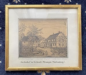 Seller image for Der "Riethof" im Torfwerk Pfrungen, Wrtemberg!' : detailreiche Veduten-Zeichnung, am unteren Blattrand bezeichnet 'Herrn& Frauen Ehrenzeller-Hgger / auf das Neujahr 1890 gezeichnet / von Kstli-Krsteiner, Alt-Reallehrer' for sale by Antiquariat an der Stiftskirche