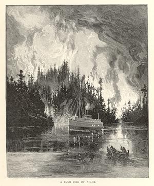 BUSH FIRE AT NIGHT ON GEORGIAN BAY AND THE MUSKOKA LAKES, Picturesque Canada,1882 print