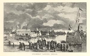 VIEW OF A STEAMBOAT LANDING AT ORILLIA ONTARIO ,Historical Picturesque Canada,1882 print