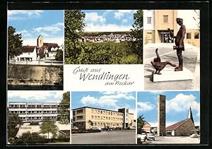 Ansichtskarte Wendlingen am Neckar, Denkmal, Gebäudeansicht, Uferpartie