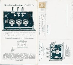 altes Werbeprospekt, Röhrenempfänger Typ C.S.H., elektronische Gesellschaft Heidelberg, 4 Ansichten