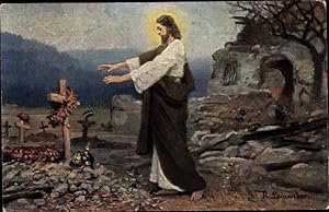 Künstler Ansichtskarte / Postkarte Leinweber, R., Jesus bei Soldatengräbern