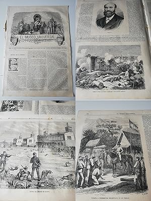 EL MUSEO UNIVERSAL N°32, 1869. Grabados: Batida de liebres en Baden, Echegaray, Cuba insurrectos