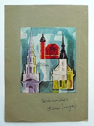 Handmade Christmas card from Hans Unger to Klaus Friedeberger. Colour illustration on card. circa 1960.