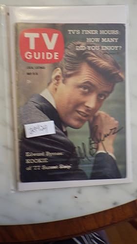 Imagen del vendedor de 77 SUNSET STRIP TV SHOW, ,SIGNED BY EDD BYRNES TV Guide Cover SOFTCOVER , MAY 9, 1959 Television's First Teen Idol, AKA KOOKIE, EDWARD BYRNES, & Signed BY ROGER SMITH TV Guide Cover SOFTCOVER , APRIL 4, 1959 WARNER BROS ABC TV Mystery Series, detective from the 77 Sunset Strip a la venta por Bluff Park Rare Books