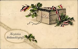 Ansichtskarte / Postkarte Frohe Weihnachten, Liebesgaben, Paket, Flaggen, Patriotik Kaiserreich