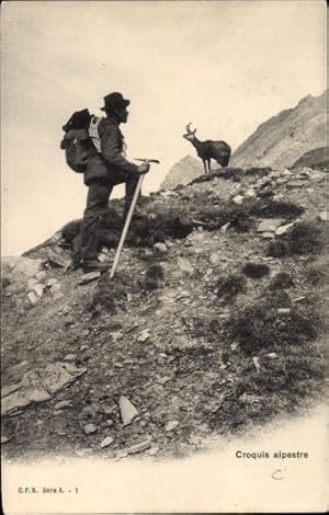 Ansichtskarte / Postkarte Croquis alpestre, Bergsteiger und Gämse im Gebirge