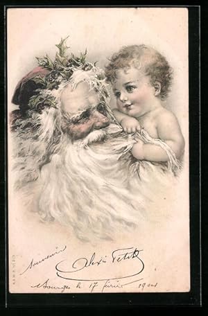 Lithographie Weihnachtsmann hält ein kleines Kind im Arm