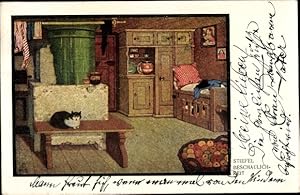 Künstler Ansichtskarte / Postkarte Stiefel, Beschaulichkeit, Katze auf einer Ofenbank