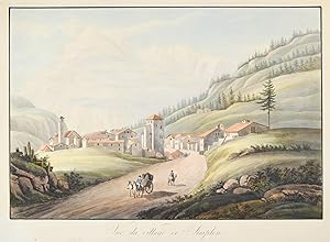 Bild des Verkufers fr SIMPLON. "Vue du village de Simplon". Gesamtansicht, in der Ferne Bergkette, vorne Kutsche und Reiter. zum Verkauf von Peter Bierl Buch- & Kunstantiquariat Inh.: Andrea Bierl