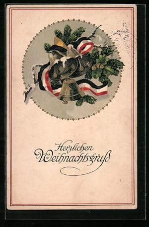 Bild des Verkufers fr Ansichtskarte Nadel- und Eichenzweige mit Glocken mit Kaisereichsband, Weihnachtsgrsse zum Verkauf von Bartko-Reher