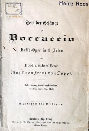Bild des Verkufers fr [Libretto] Text der Gesnge zu Boccaccio. Buffa-Oper in 3 Akten von F. Zell und Richard Gene zum Verkauf von Paul van Kuik Antiquarian Music