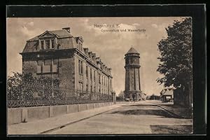 Ansichtskarte Hagenau im Els., Gymnasium und Wasserturm