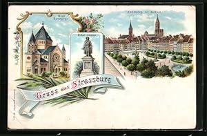 Lithographie Strassburg, Neue Synagoge, Kieber-Denkmal und Kieberplatz mit Denkmal