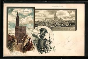 Künstler-Ansichtskarte Carl Münch: Strassburg, Gesamtansicht, Münster und Frau in Tracht