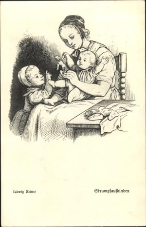 Künstler Ansichtskarte / Postkarte Richter, Ludwig, Strumpfaufbinden, Kinderleben