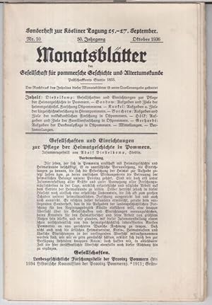 Bild des Verkufers fr Oktober 1936, Nr. 10 des 50. Jahrgangs: Monatsbltter der Gesellschaft fr pommersche Geschichte und Altertumskunde. - Aus dem Inhalt: Adolf Diestelkamp - Gesellschaften und Einrichtungen zur Pflege der Heimatgeschichte in Pommern / Erich Sandow: Aufgaben und Ziele der heimatgeschichtlichen Forschung Ostpommerns / Otto Kunkel: Aufgaben und Ziele der Urgeschichtsforschung in Hinterpommern. zum Verkauf von Antiquariat Carl Wegner