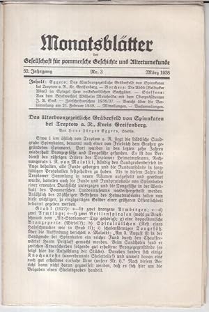 Image du vendeur pour Mrz 1938, Nr. 3 des 52. Jahrgangs: Monatsbltter der Gesellschaft fr pommersche Geschichte und Altertumskunde. - Aus dem Inhalt: Hans Jrgen Eggers - Das lterbronzezeitliche Grberfeld von Spinnkaten bei Treptow a. R., Kr. Greifenberg / Walter Borchers: Die Abd (Belbucker Abtei) im Spiegel ihrer volkskundlichen Sachgter / Wilhelm Steffens: Aus dem Briefwechsel Wilhelm Meinholds mit dem Oberprsidenten J. A. Sack. mis en vente par Antiquariat Carl Wegner