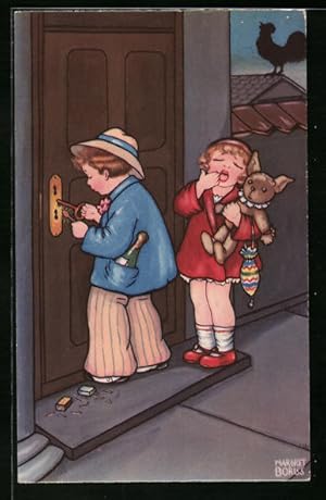 Bild des Verkufers fr Knstler-Ansichtskarte Margret Boriss: Junge und Mdchen kommen mde heim, ein Hund auf dem Arm zum Verkauf von Bartko-Reher