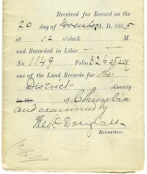 FREDERICK DOUGLASS SIGNED DOCUMENT, IN HIS CAPACITY AS RECORDER OF DEEDS FOR THE DISTRICT OF COLU...