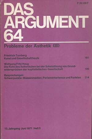 Bild des Verkufers fr Das ARGUMENT 64 - Probleme der sthetik (III) Zeitschrift fr Philosophie und Sozialwissenschaften / 13. Jahrgang Juni 1971 zum Verkauf von Versandantiquariat Nussbaum