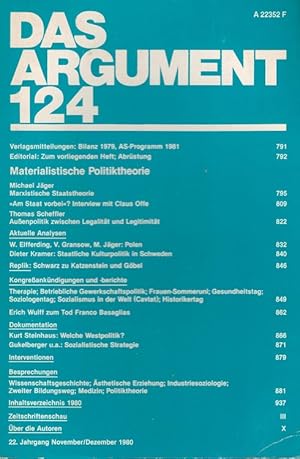 Immagine del venditore per Das ARGUMENT 124 - Materialistische Politiktheorie Zeitschrift fr Philosophie und Sozialwissenschaften 22. Jahrgang November/Dezember 1980 venduto da Versandantiquariat Nussbaum