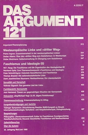 Seller image for Das ARGUMENT 121 - Westeuropische Linke und "dritter Weg" Zeitschrift fr Philosophie und Sozialwissenschaften 22. Jahrgang Mai/Juni 1980 for sale by Versandantiquariat Nussbaum