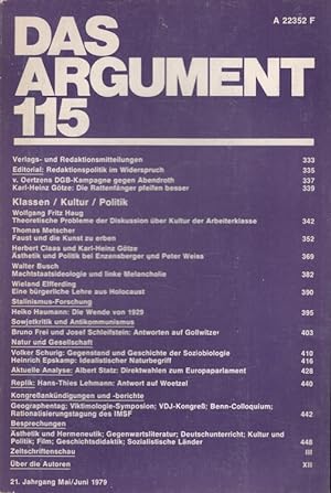 Imagen del vendedor de Das ARGUMENT 115 - Klassen / Kultur / Politik Zeitschrift fr Philosophie und Sozialwissenschaften 21. Jahrgang Mai/Juni 1979 a la venta por Versandantiquariat Nussbaum