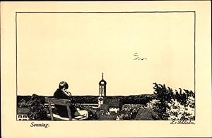 Künstler Ansichtskarte / Postkarte Schlieben, L. v., Sonntag, Mann auf einer Bank, Kirche - Acker...