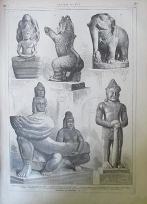 Imagen del vendedor de Alterthmer aus Kambodscha". Holzstich aus "Das Buch fr Alle", rckseitig mit Text, ca. 24 x 31,5 cm, um 1880. a la venta por Antiquariat Michael Eschmann