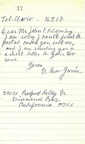 ATTRACTIVE LETTER OF ISRAEL'S FIRST PRIME MINISTER, DAVID BEN-GURION