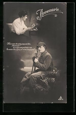 Bild des Verkufers fr Ansichtskarte Soldatenliebe, Annemarie - Soldat im Krieg und Geliebte zu Hause denken aneinander zum Verkauf von Bartko-Reher
