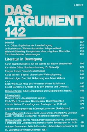 Immagine del venditore per Das ARGUMENT 142 - Literatur in Bewegung Zeitschrift fr Philosophie und Sozialwissenschaften 25. Jahrgang November/Dezember 1983 venduto da Versandantiquariat Nussbaum