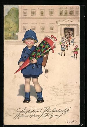 Bild des Verkufers fr Knstler-Ansichtskarte Fritz Baumgarten: Kinder mit Schultten kommen aus der Schule gelaufen zum Verkauf von Bartko-Reher