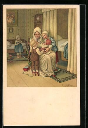 Bild des Verkufers fr Knstler-Ansichtskarte Pauli Ebner: Mutter mit ihren Kindern im Kinderzimmer zum Verkauf von Bartko-Reher