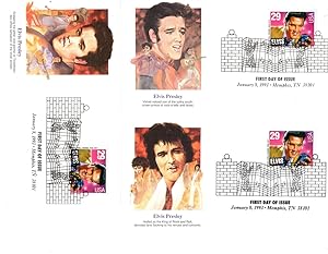 COLLECTION OF FIVE COMMEMORATIVE ELVIS PRELSEY FIRST DAY ISSUE STAMPS AND ENVELOPES. Fleetwood, J...