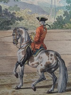Traversiren auf der Volte im weiten Kreise lincks. Kolor. Kupferstich v. J.E.Ridinger, 1760. 18 x...