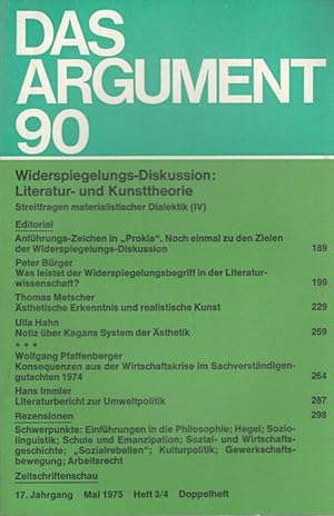 Bild des Verkufers fr Das ARGUMENT 90 - Widerspiegelungs-Diskussion: Literatur- und Kunsttheorie Zeitschrift fr Philosophie und Sozialwissenschaften 17. Jahrgang Mai 1975 zum Verkauf von Versandantiquariat Nussbaum