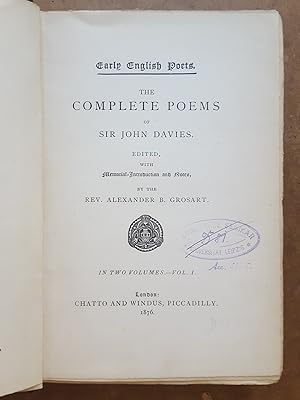 Image du vendeur pour Early English Poets: The complete Poems of Sir John Davies [Vol 1 of 2.] mis en vente par Homeless Books