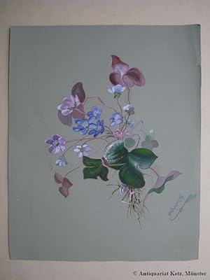 Blumen - originales Aquarell auf grauem Karton. Filigraner Strauß mit fein gemalten Blumen in Rot...